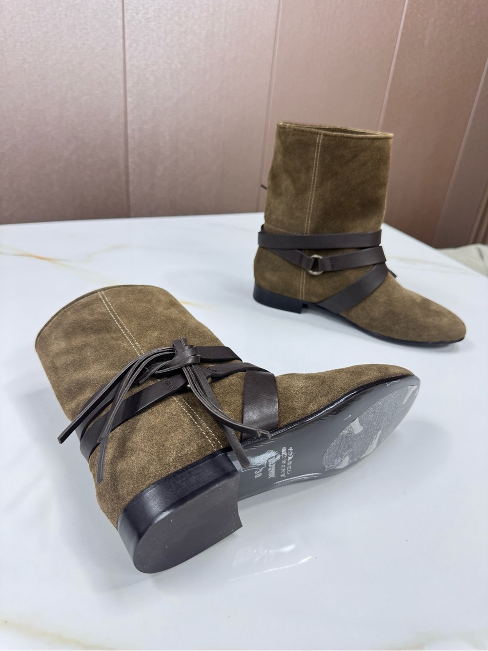 Isabel Marant Olive Suede Ankle Boots with Dark Brown Leather Straps - Picture 5 of 8